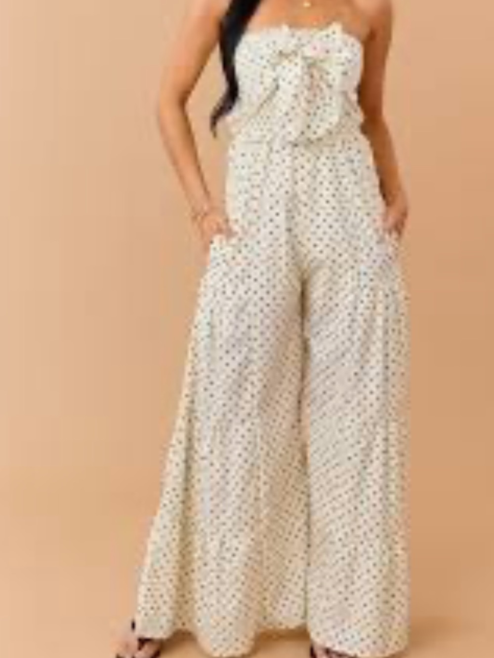 NWOT Cream Polka Dot Strapless Front Tie Jumpsuit Sz: XL - Picture 4 of 16